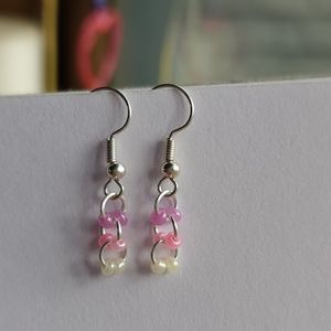 Handmade pink and white blue white earrings shimmery beads summer spring theme